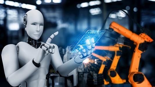 人工智能概念用于工厂生产装配的机械化工业器人和械臂未来网络创建